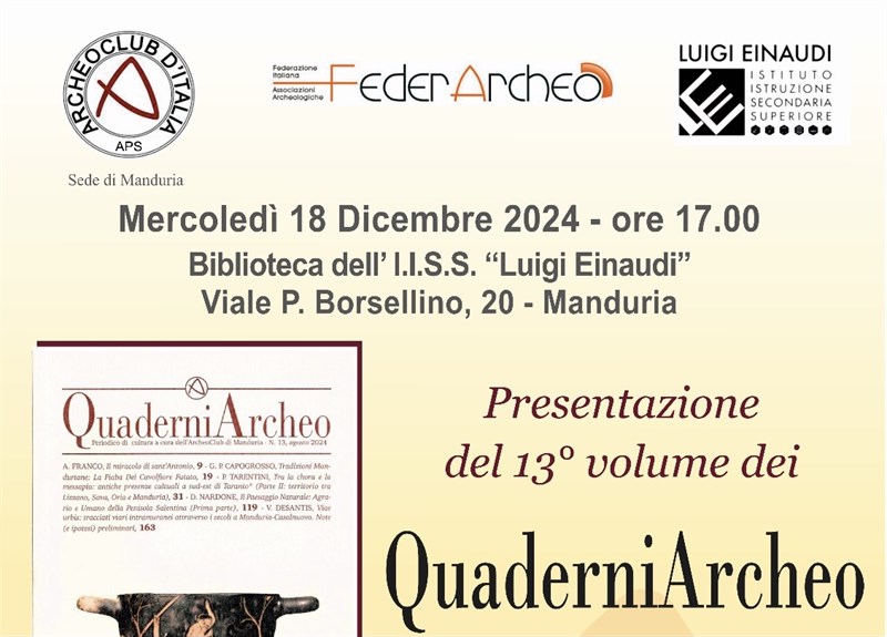 “Quaderni Archeo”, all’Einaudi la presentazione del tredicesimo volume